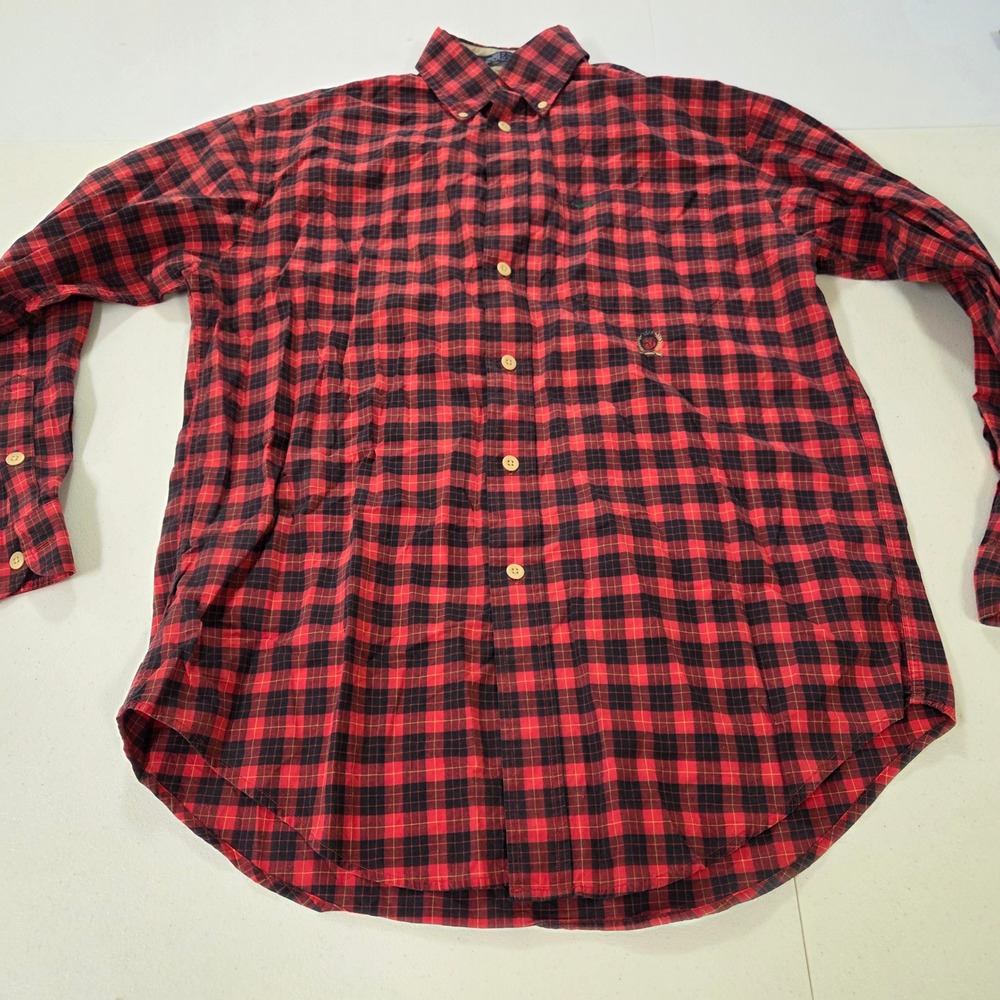 Tommy Hilfiger Mens Small Red Black Plaid Button Down Shirt Crest Logo Cotton